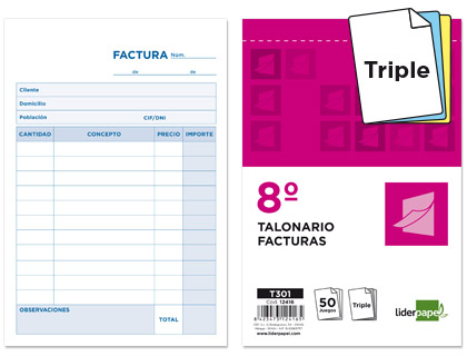 Talonario Liderpapel Facturas 8º natural 50 juegos triplicado sin iVA